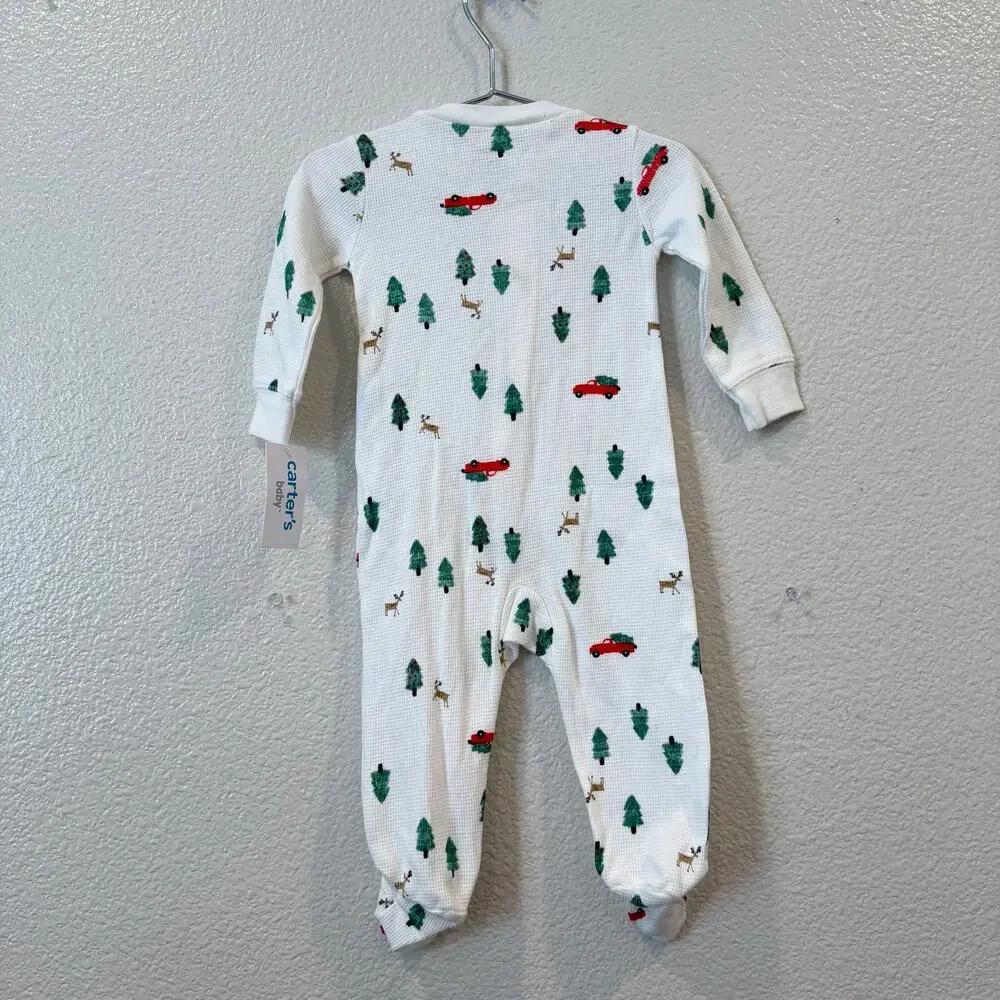 Carter's thermal knit Christmas tree zip footie pjs pajamas white red green